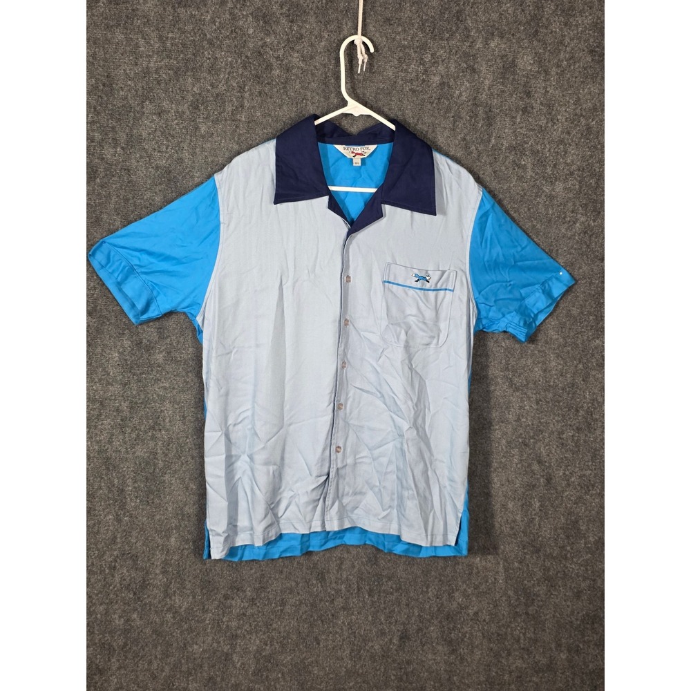 Retro Fox Mens Blue Colorblock Herringbone Bowling Shirt Short Sleeve Sz L Retro